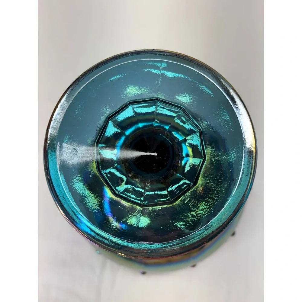 Vtg Iridescent Blue Carnival Glass Compote Scalloped Pedestal Candy Dish 7.25